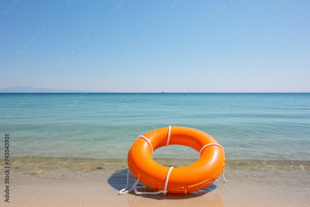 Orange lifebuoy on beach, safety concept for water activities. Copy space available
