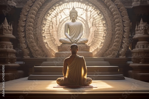 
Middle-aged Jain monk in his 40s meditating in front of a sacred statue inside an intricately carved Indian temple