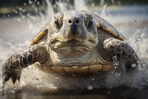Close-up of a majestic sea turtle gracefully entering the water © firax