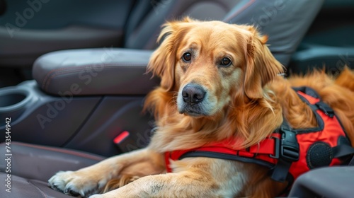 Dog in car with safety harness raises awareness for pet safety during rides.