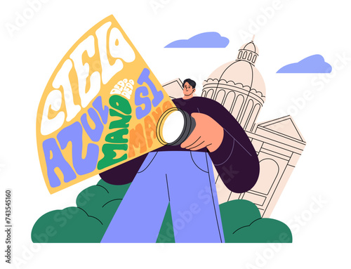 Student learning foreign language on Spanish course. People study, research lexicon concept. Person practices, improve vocabulary. Self education. Flat isolated vector illustration on white background