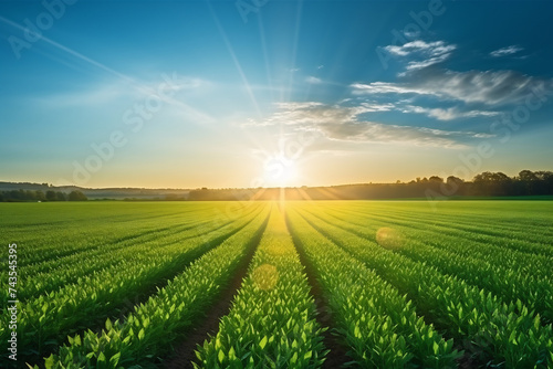 Sunrise Over Lush Green Farmland  with vibrant green leaves and golden cobs. New Beginnings and Sustainable Agriculture
