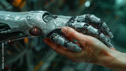 photo  of a robotic hand with advanced prosthetic technology gently touching a human hand, overlaid with transparent UI elements symbolizing AI intelligence. 