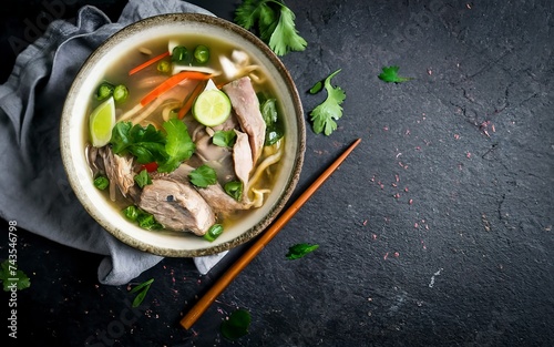 Plate of Vietnamese pho bo soup on a dark background, top view