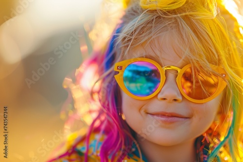 Cheerful Young Girl with Rainbow Hair and Reflective Sunglasses