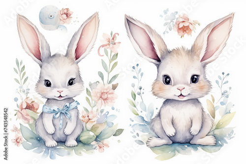 Hand drawn watercolor happy easter set with bunnies design. Rabbit bohemian style, isolated boho illustration on white