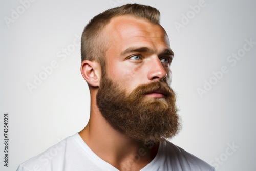 Portrait of a young Caucasian man with a neatly trimmed beard framing his jawline, against a clean, white background, highlighting the symmetry and definition of his facial hair