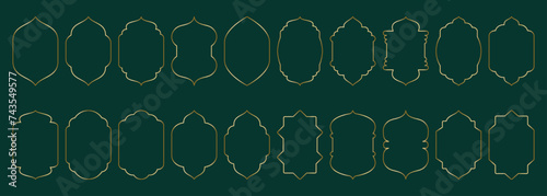 Gold thin window frame shape Islamic door or arch with geometric girikh pattern, silhouette Arabic arch. Luxury set in oriental style. Frames in Arabic Muslim design for Ramadan Kareem. Vector
