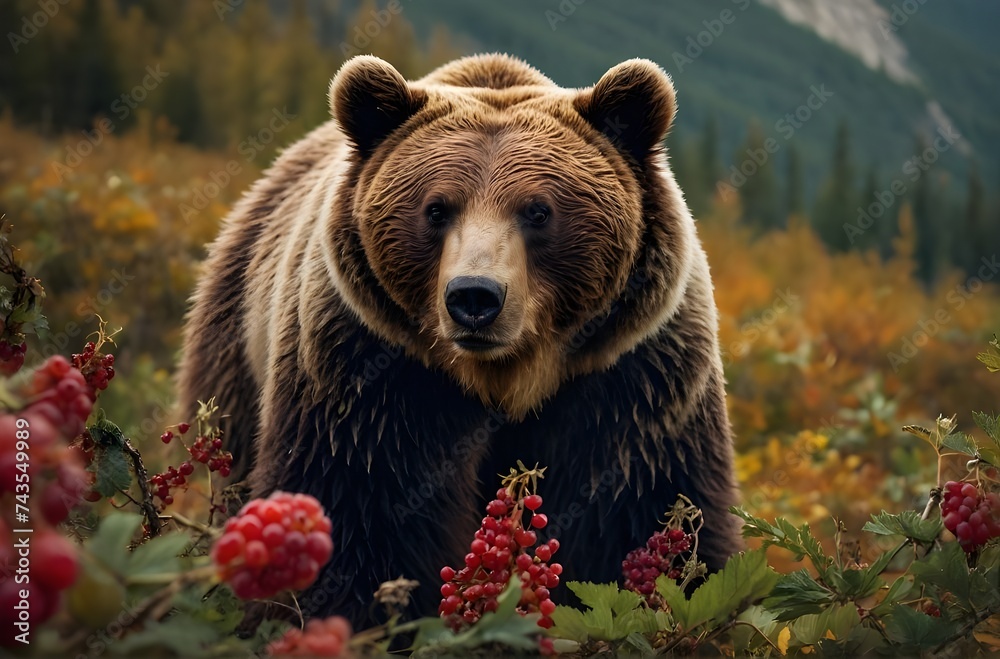 Powerful Gaze: A Majestic Bear in Wilderness with Autumn Foliage and Berries, generative AI Powerful Gaze: A Majestic Bear in Wilderness with Autumn Foliage and Berries, generative AI