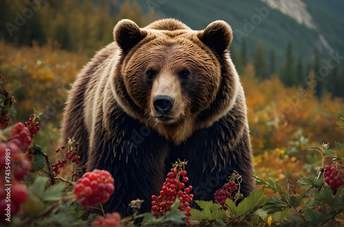 Powerful Gaze: A Majestic Bear in Wilderness with Autumn Foliage and Berries, generative AI © Art_spiral