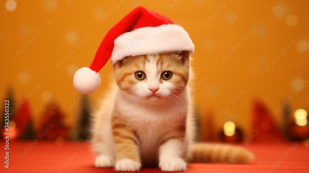A delightful image featuring a cute cat adorned with Santa's hat, isolated on an orange background. A delightful image featuring a cute cat adorned with Santa's hat, isolated on an orange background.