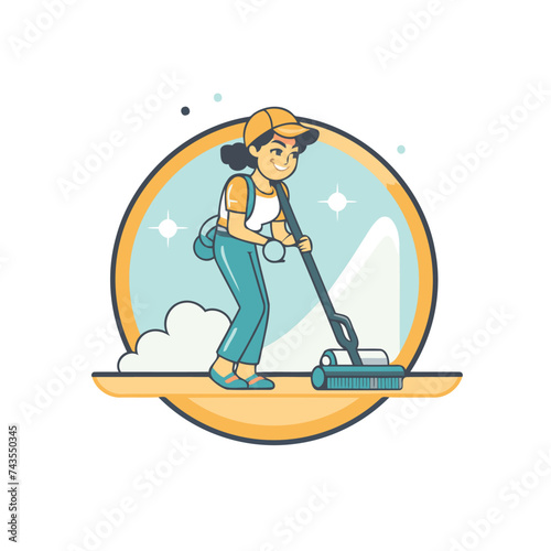 Cleaning service. Cleaning lady with a mop. Vector illustration