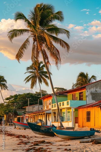 coastal beach town with colorful wooden houses and tall palm trees