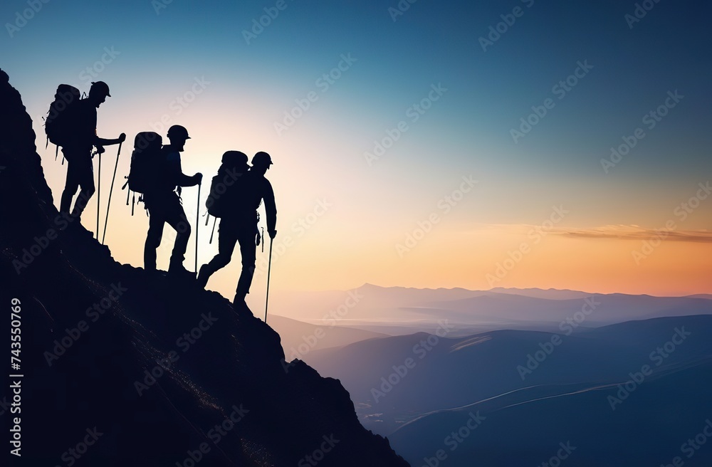 Help and assistance concept. Silhouettes of two people climbing on mountain and helping