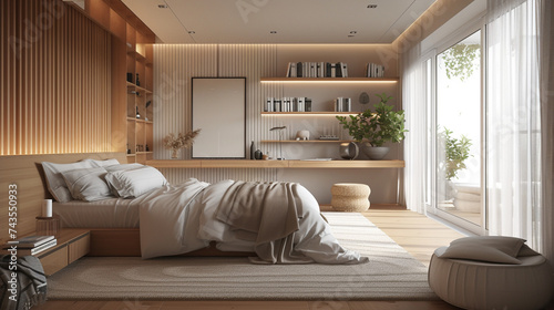 Close-up of cozy modern Scandinavian bedroom interior, pristine white bedding complementing serene green home plant decor, exemplifying minimalist design in tranquil urban living space