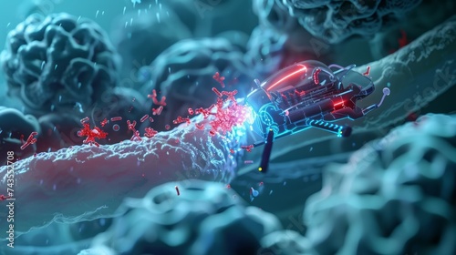 An up-close image of a nanobot navigating through damaged tissue and repairing it at the cellular level, showcasing the potential of nanotechnology in medical treatments. photo