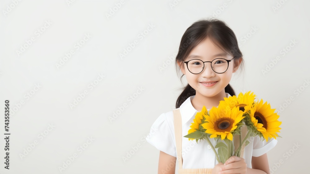 A heartwarming image featuring a smiling Asian girl dressed in a white dress, holding a bouquet of sunflowers. A heartwarming image featuring a smiling Asian girl dressed in a white dress, holding a bouquet of sunflowers.
