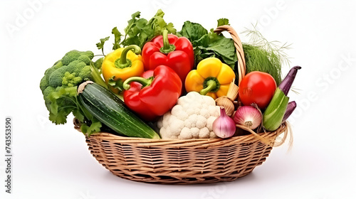 A basket of vegetables including a variety of vegetables,Farm Veggies in a Woven Basket Looks Fresh on White or PNG Transparent Background,A big basket overflowing with vegetables on a white 

