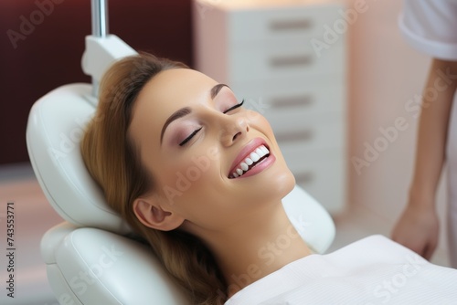 Young woman smiling after professional teeth whitening and cleaning at the dentist office. Check-up