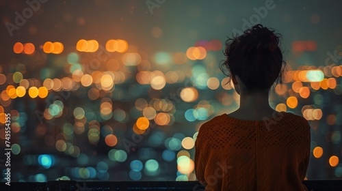 Woman Gazing at the City Night Lights. A contemplative woman stands on a balcony, her gaze lost in the myriad of shimmering city lights under the night sky.