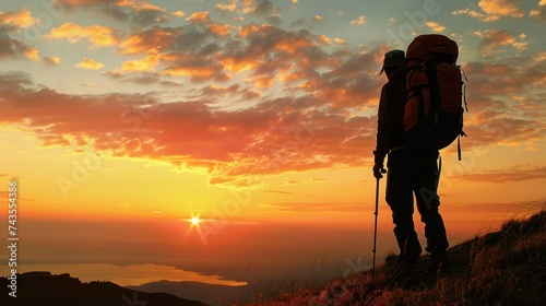 Sunset Wilderness Trek  A Lone Hiker s Silhouette Amidst Nature s Canvas. Behold the solitary figure of a hiker  adorned with a backpack  set against the vibrant hues of a sunset-painted sky in the he
