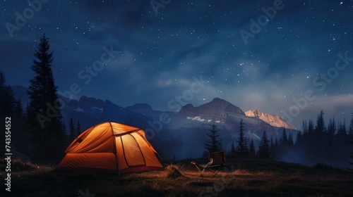 Illuminated Tent Under Starry Mountain Sky. A glowing tent stands under a night sky filled with stars, with majestic mountains and forest silhouettes in the background.