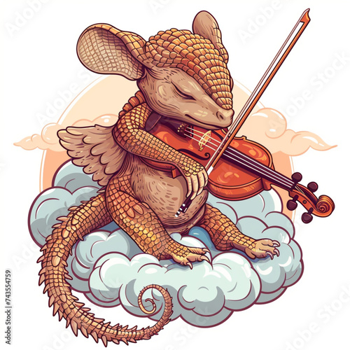 A dreamlike armadillo playing violin on a cloud. Design cute animal stickers, icons, prints, elements, etc. Vector image