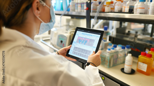 A doctor in a white lab coat is seen holding a tablet device in a laboratory setting  possibly reviewing medical records or research data.