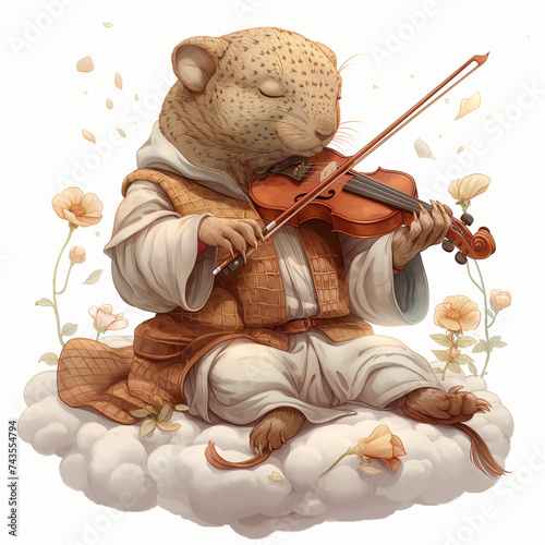 Dreamy armadillo playing violin on a cloud while floating. Cute animal theme for stickers, emblems, prints, etc. Vector art.