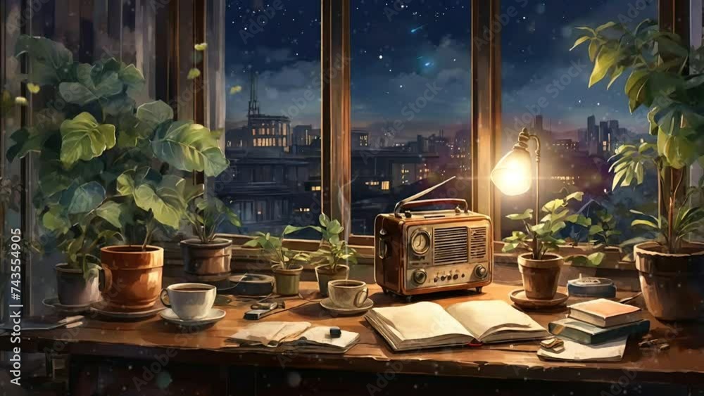 Room at home with an old radio and a cup of coffee on the table background motion. seamless looping video animation background.