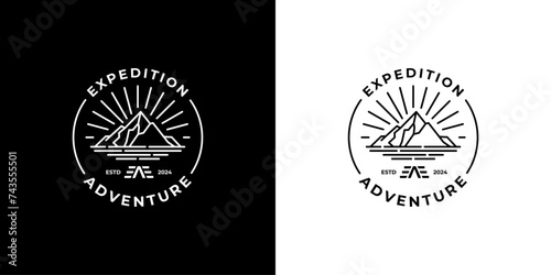 Mountain emblem logo design template. Minimalist line art adventure sun and sea logo vector. photo