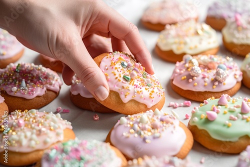 Easter cookies with icing and sprinkles, showcasing the festive baking process, against a neutral pastel backdrop, perfect for Easter-themed culinary content