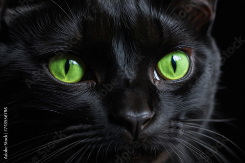 Extreme close up shot of a black cat with green evil cat eyes isolated on black background
