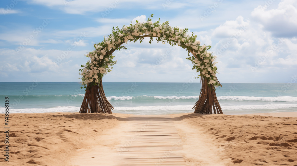 beautiful wooden decorative arch with flowers on the beach, white walkway for wedding ceremony	
