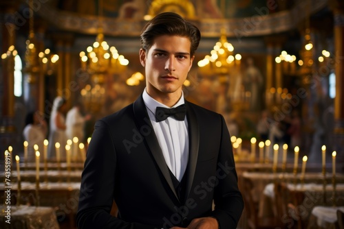  Youthful Orthodox priest in his 20s conducting a wedding ceremony in a picturesque Greek Orthodox church