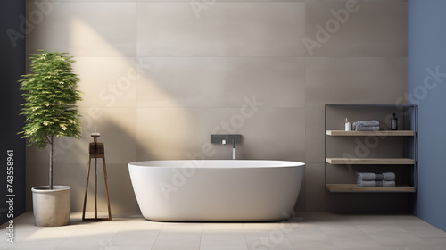 modern contemporary bathroom with gray tiles and grey tub  in the style of white and beige  new contemporary