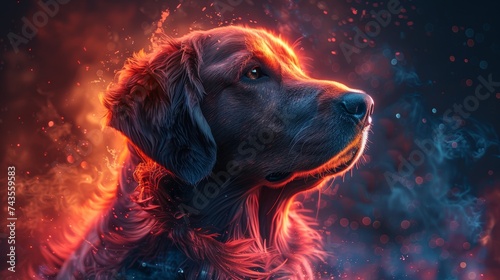 colorful background whith dog,Opalescent neon Maine coon dog,beautiful fantasy abstract portrait of a beautiful dog with a colorful digital paint splash photo