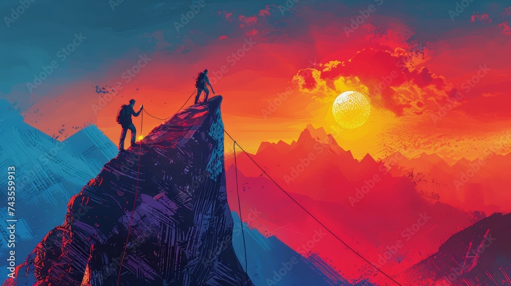 Silhouette traveling people. Climbing on mountain. illustration hiking and climbing team style oil painting on canvas - obrazy, fototapety, plakaty 
