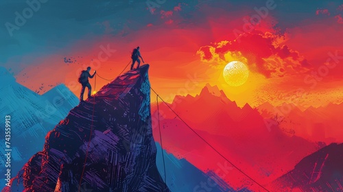 Silhouette traveling people. Climbing on mountain. illustration hiking and climbing team style oil painting on canvas