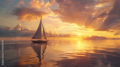 Yacht sailing against sunset. Holiday lifestyle landscape with skyline sailboat