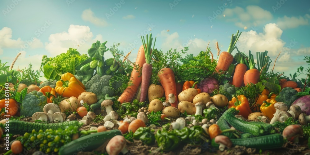 abundant array of fresh vegetables sprawls across fertile earth under a bright sky, showcasing nature's variety from crunchy carrots to plump tomatoes, signaling a feast of flavors and nutrients. - obrazy, fototapety, plakaty 