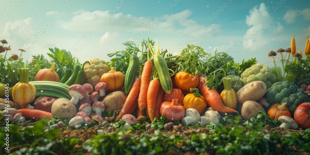 abundant array of fresh vegetables sprawls across fertile earth under a bright sky, showcasing nature's variety from crunchy carrots to plump tomatoes, signaling a feast of flavors and nutrients. - obrazy, fototapety, plakaty 