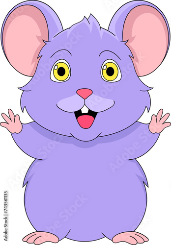 cartoon doodle illustration of cute animal stickers, a purple mouse is opening its hands as a sign of a happy welcome photo