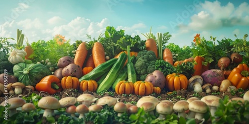 abundant array of fresh vegetables sprawls across fertile earth under a bright sky, showcasing nature's variety from crunchy carrots to plump tomatoes, signaling a feast of flavors and nutrients.