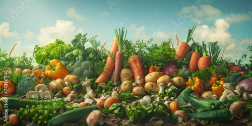 abundant array of fresh vegetables sprawls across fertile earth under a bright sky, showcasing nature's variety from crunchy carrots to plump tomatoes, signaling a feast of flavors and nutrients. photo