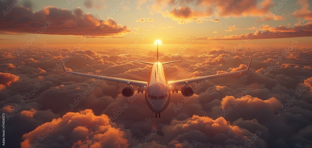 commercial airplane lifts off from the runway, bathed in the warm glow of sunset. The golden hour light reflects off the wet tarmac, symbolizing travel and new beginnings. - obrazy, fototapety, plakaty 