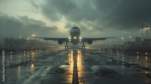 commercial airplane lifts off from the runway, bathed in the warm glow of sunset. The golden hour light reflects off the wet tarmac, symbolizing travel and new beginnings.