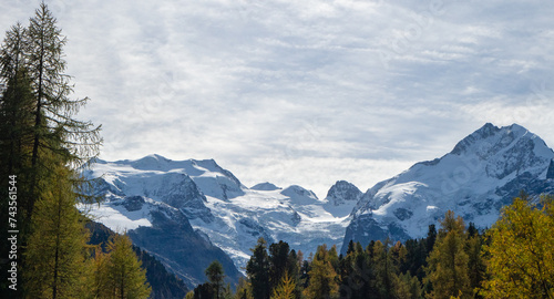 Morteratsch, Switzerland - October 15th 2023: Panoramic view towards the highest Bernina mountains