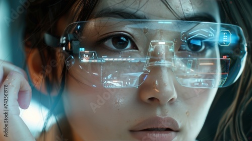woman look up portrait in vr glasses hologram, glowing virtual headset with connection, earth sphere and lines. 