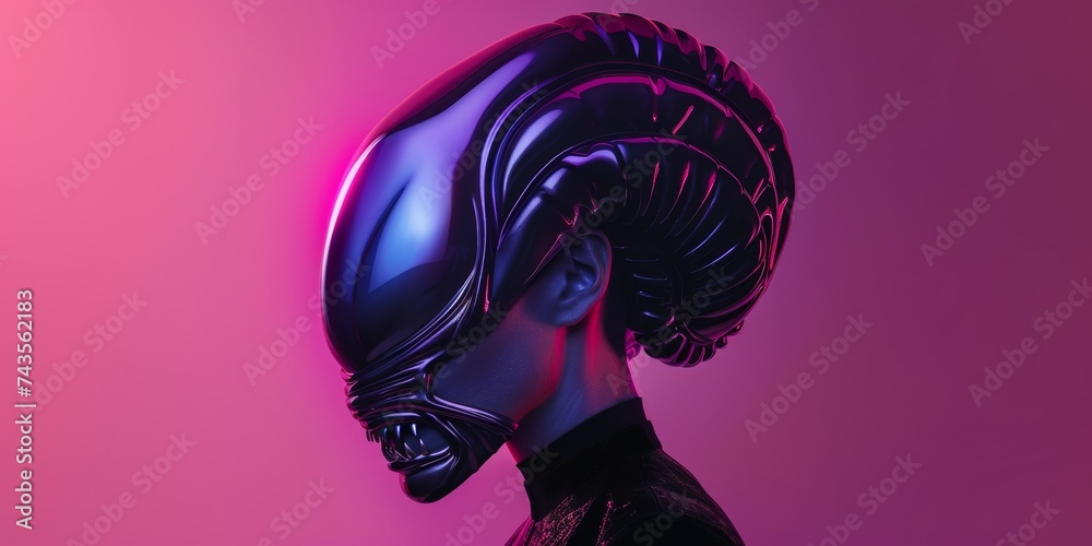 striking portrayal of futuristic fashion, where sleek design meets cosmic allure, highlighted by vibrant pink and blue tones that suggest otherworldly origins striking portrayal of futuristic fashion, where sleek design meets cosmic allure, highlighted by vibrant pink and blue tones that suggest otherworldly origins
